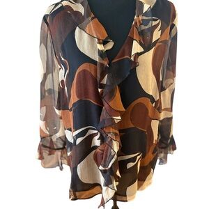 Missoni Sheer Lined Brown Black Geometric Silk Blouse Size XL Designer Vintage